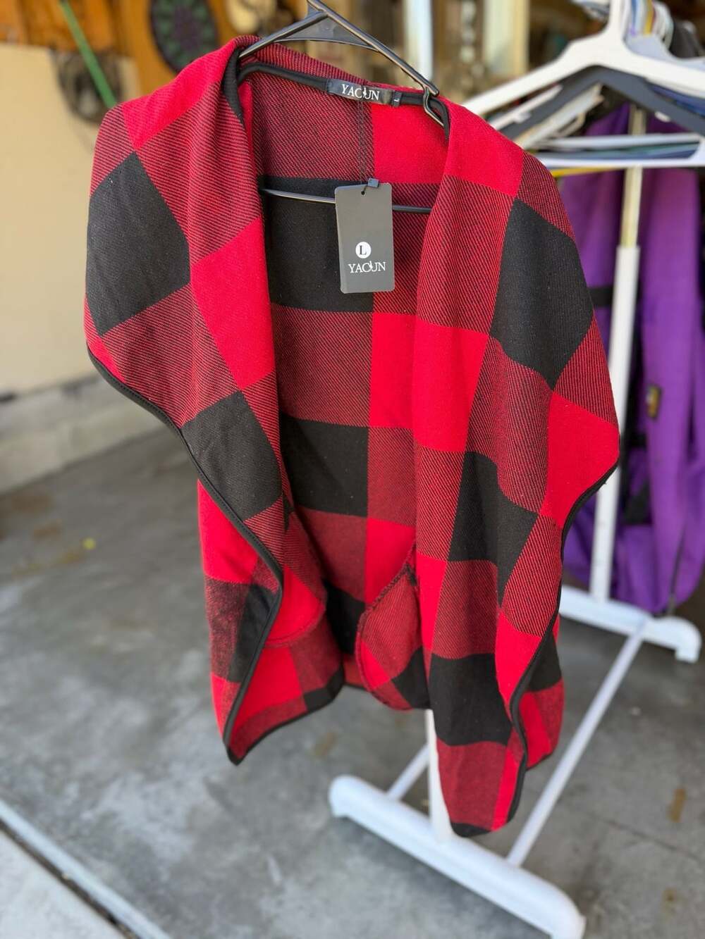 Yacun Women's Red & Black Buffalo Plaid Open Front Sleeveless Cardigan Vest with